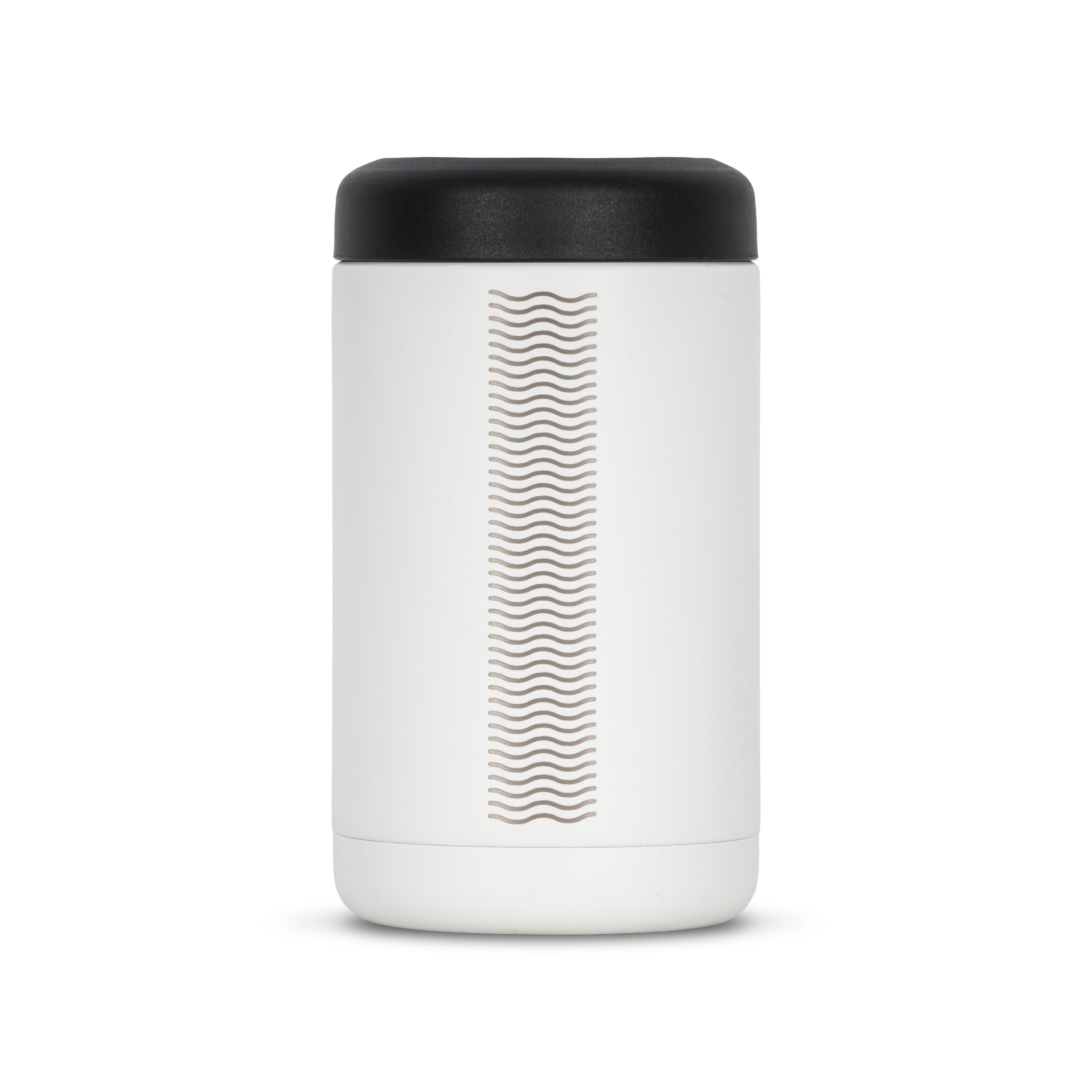Rear view of white 375ml stainless steel can cooler. Silver etched wave pattern on side.