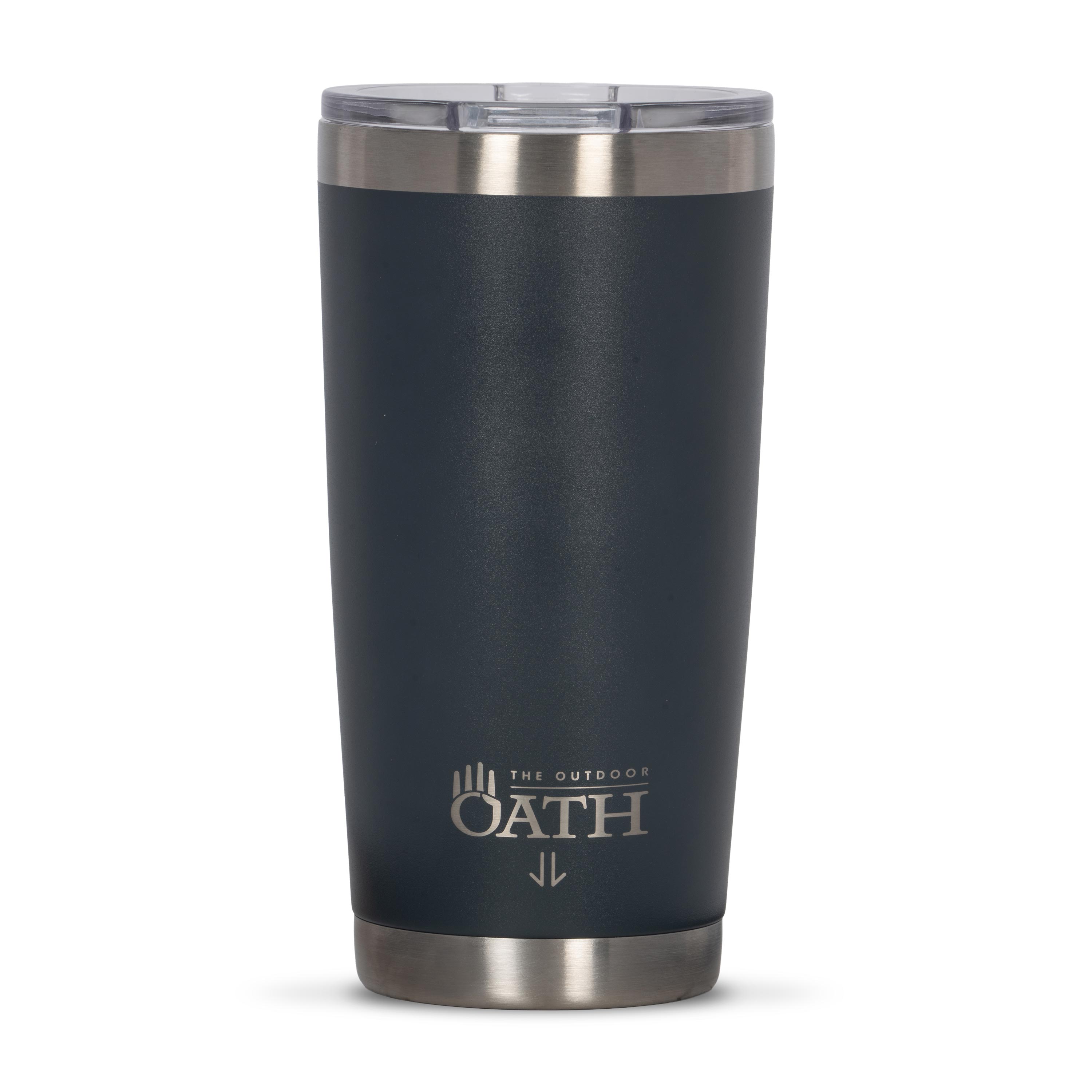 Front view of dark grey 590ml stainless steel drink tumbler with clear lid and silver etched outdoor oath logo and kangaroo paw icon on side.