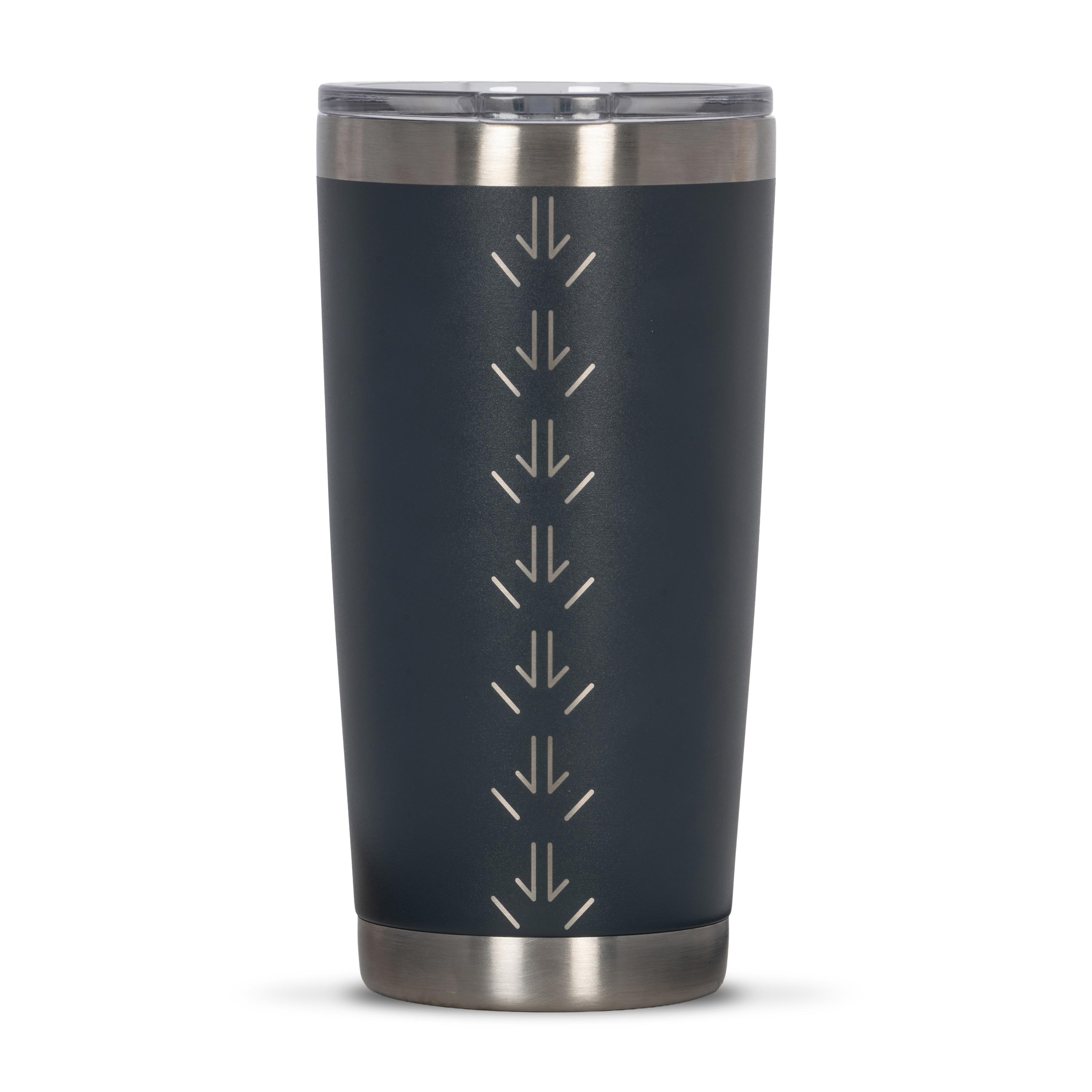 Rear view of dark grey 590ml stainless steel drink tumbler with clear lid and silver etched kangaroo paw track pattern on side.