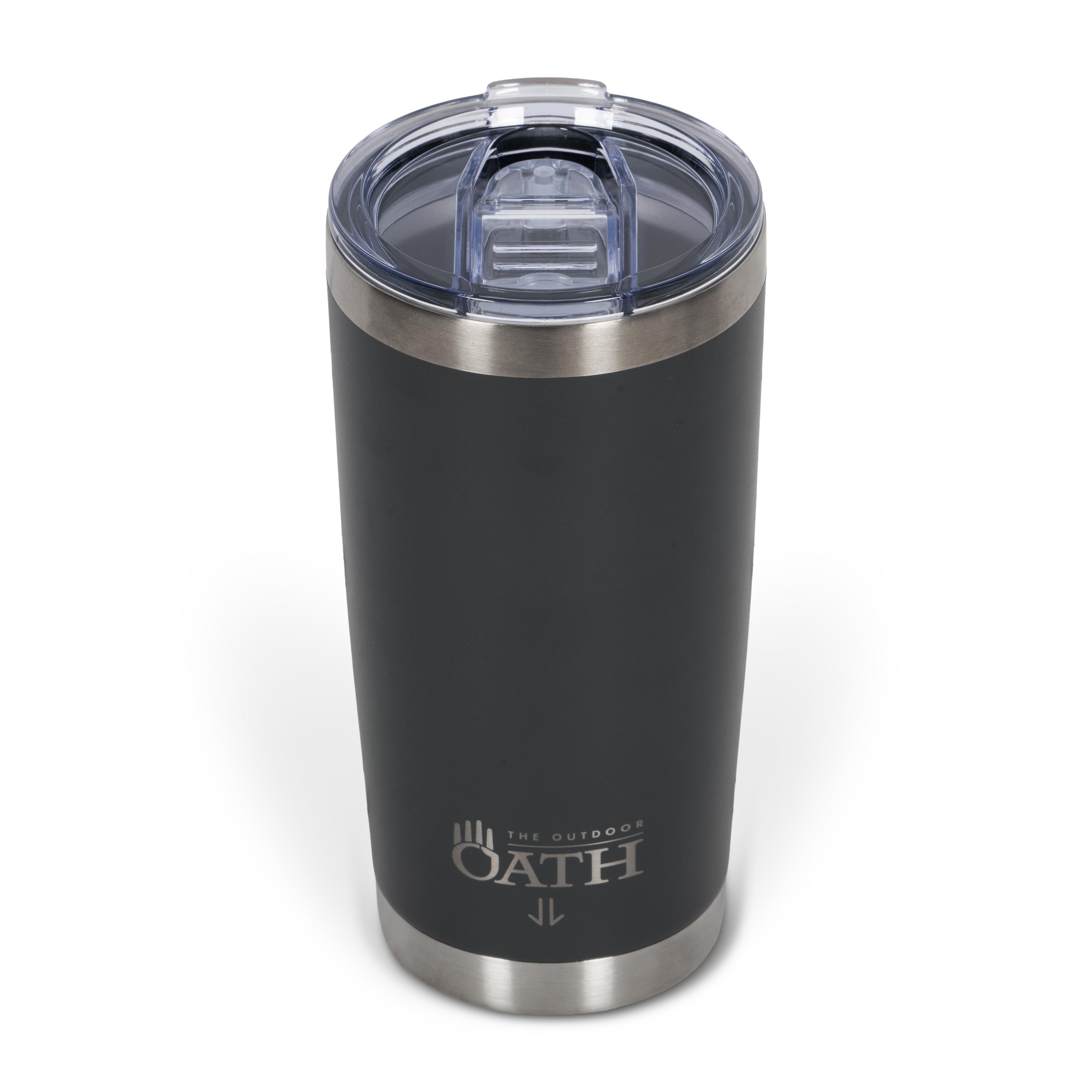 Front view from above of dark grey 590ml stainless steel drink tumbler with clear lid and silver etched outdoor oath logo and kangaroo paw icon on side.