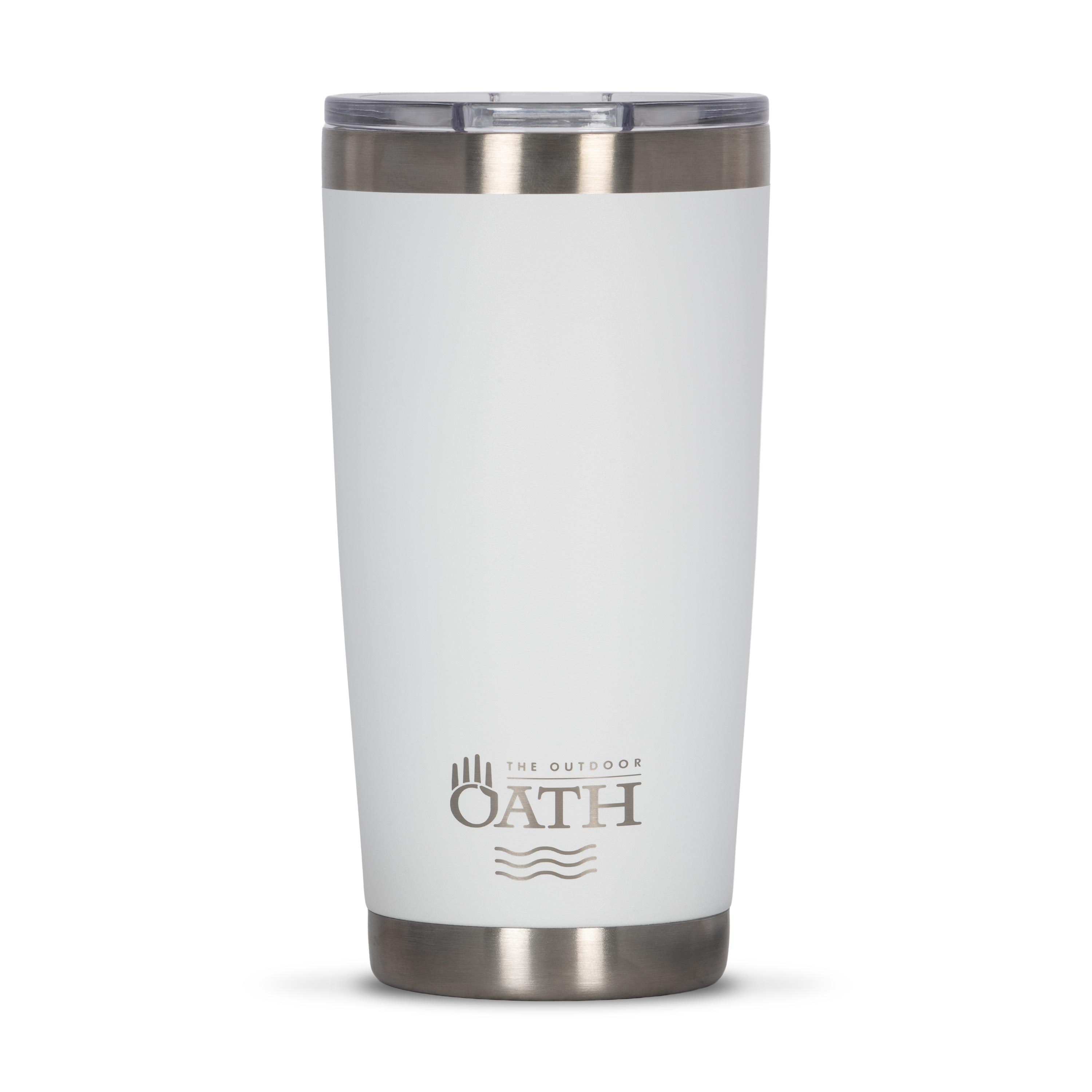 Front view of white 590ml stainless steel drink tumbler with clear lid and silver etched outdoor oath logo and wave icon on side.