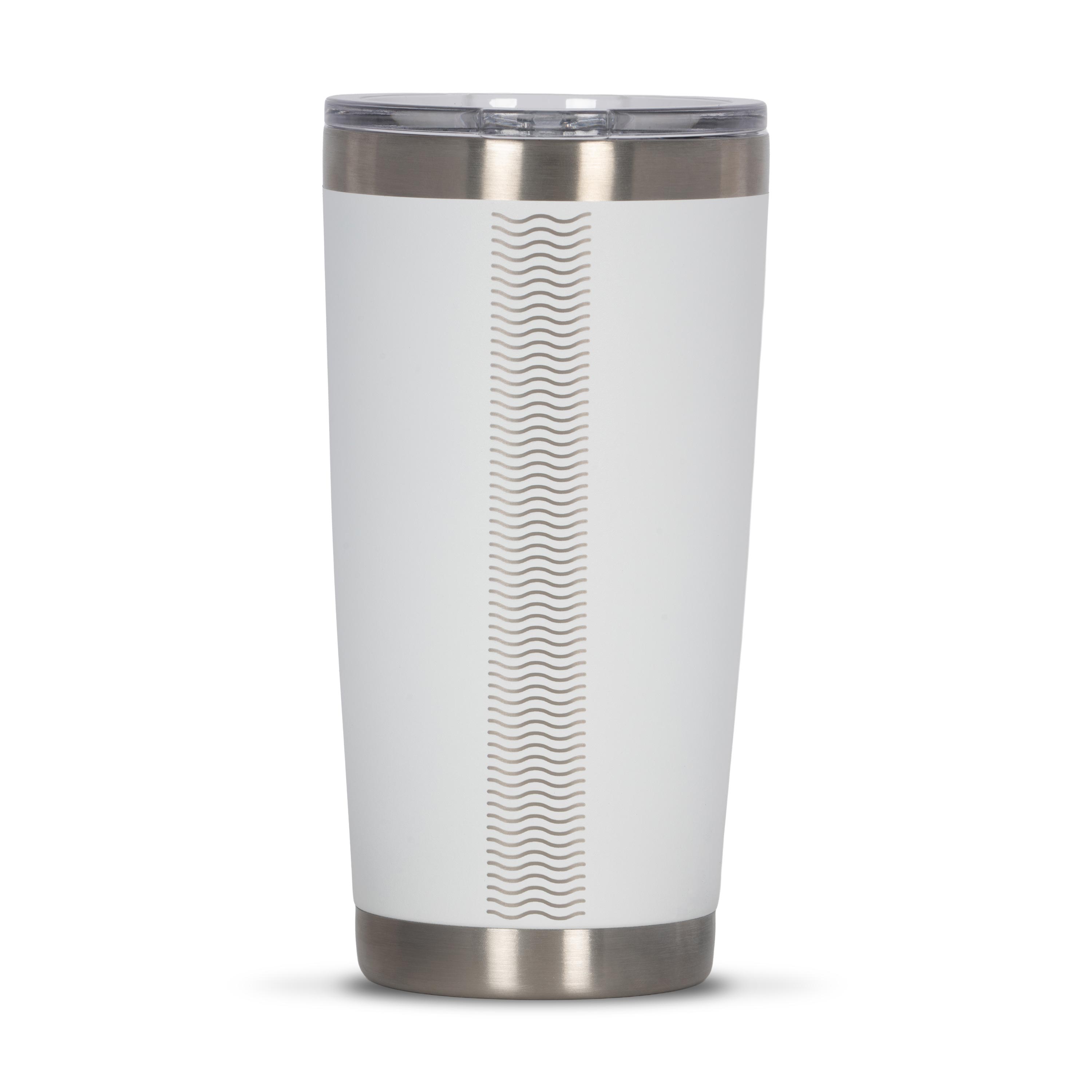 Rear view of white 590ml stainless steel drink tumbler with clear lid and silver etched wave pattern on side.