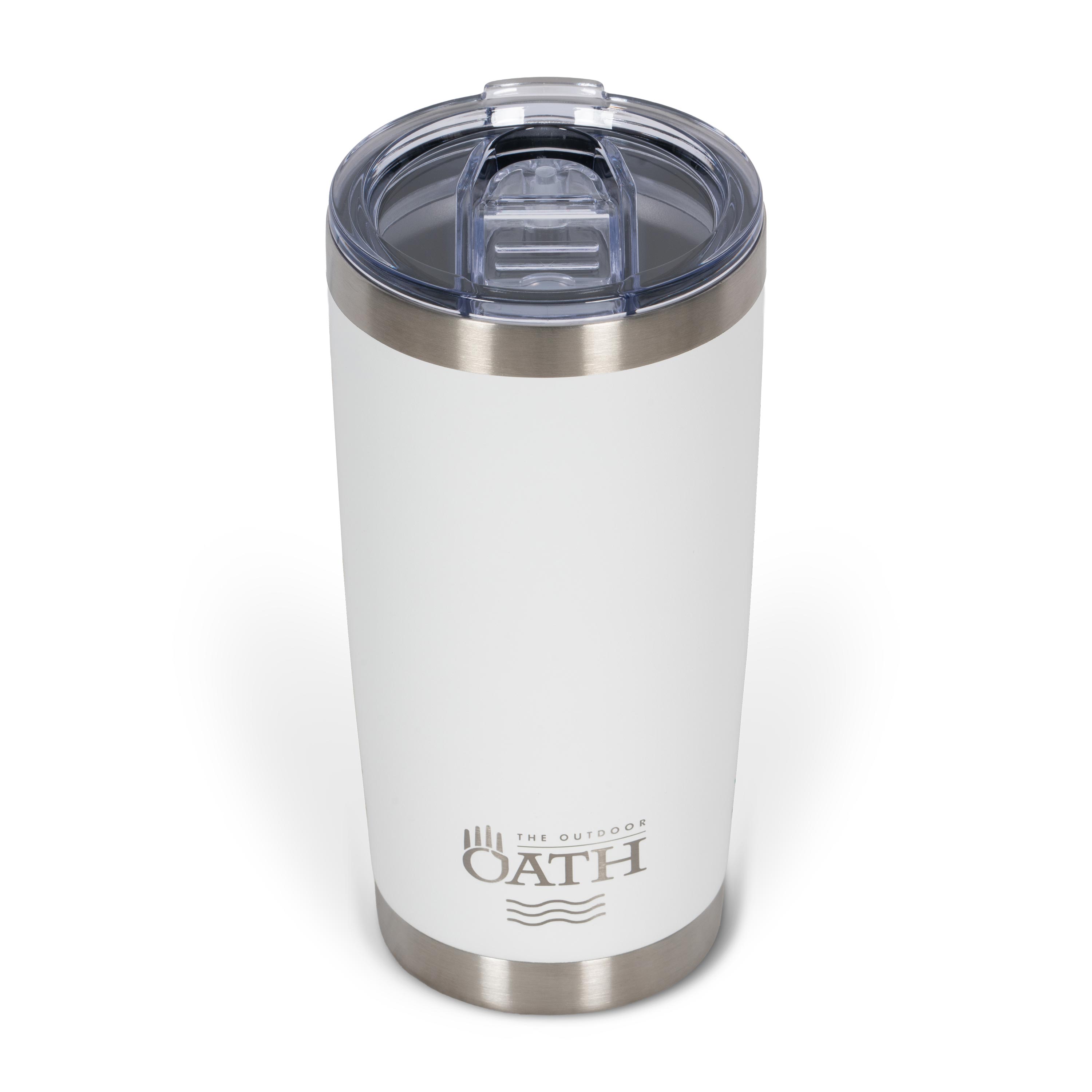 Front view from above of white 590ml stainless steel drink tumbler with clear lid and silver etched outdoor oath logo and wave icon on side.