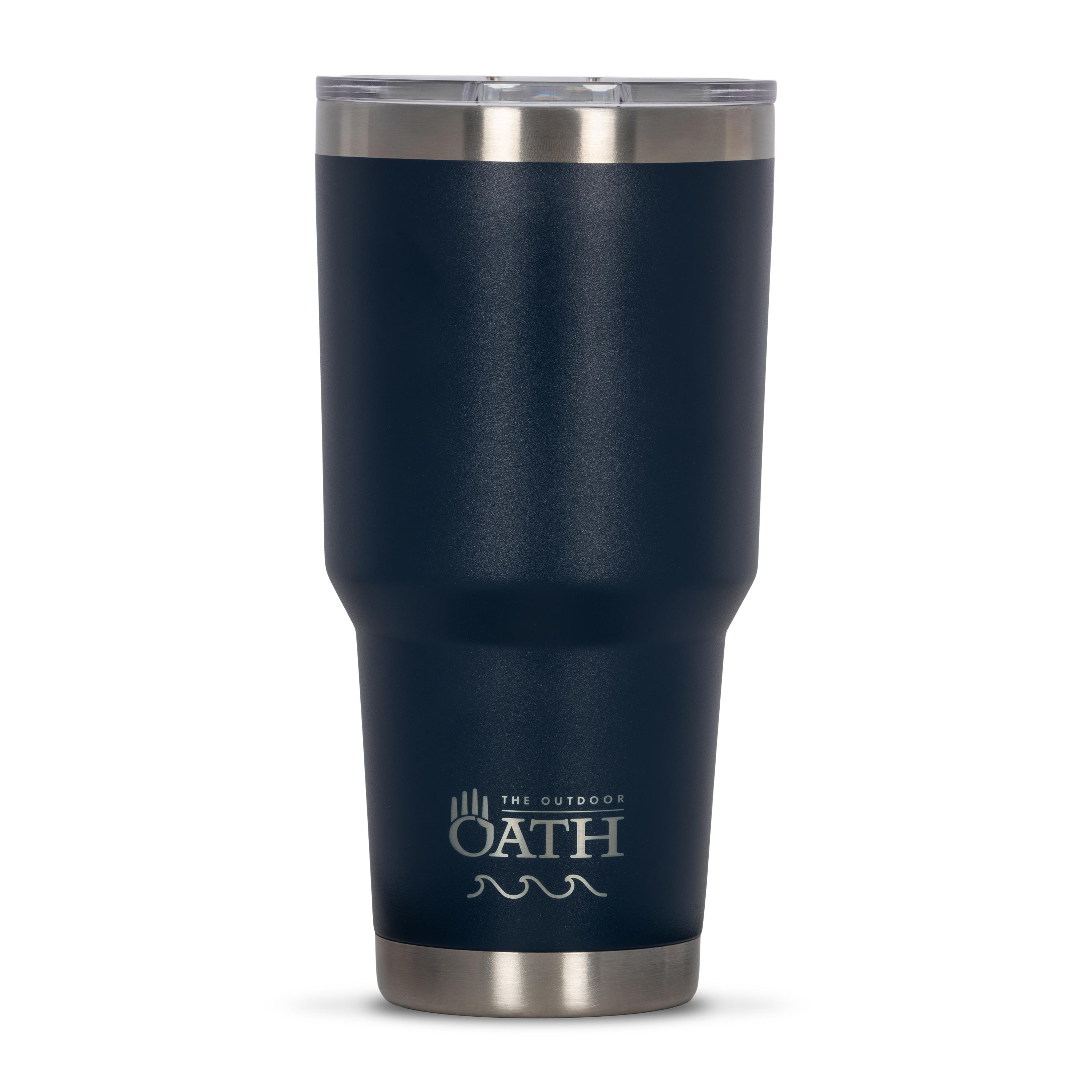 Front view of blue 890ml stainless steel drink tumbler with clear lid and silver etched outdoor oath logo and wave icon on side.