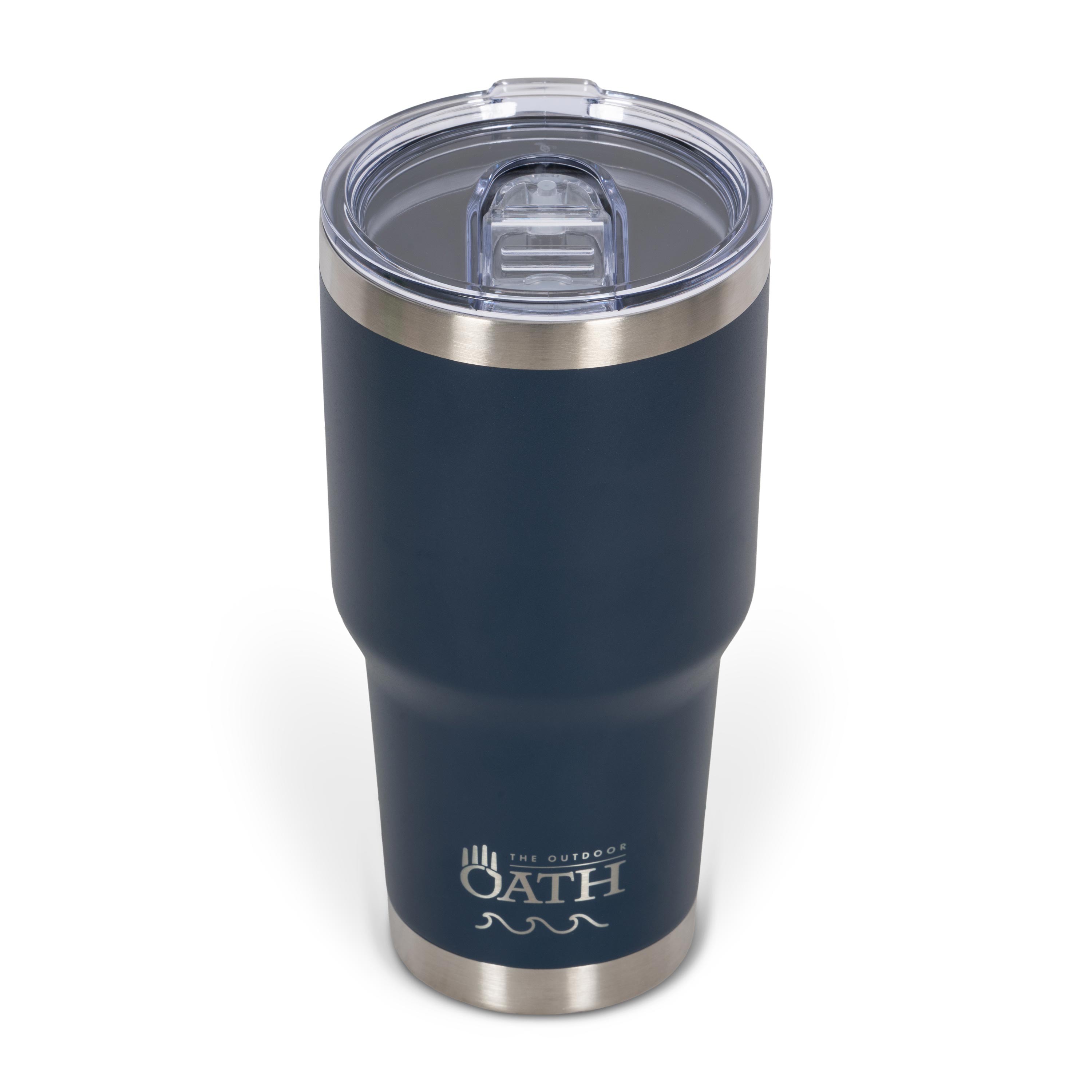 Front view from above of blue 890ml stainless steel drink tumbler with clear lid and silver etched outdoor oath logo and wave icon on side.