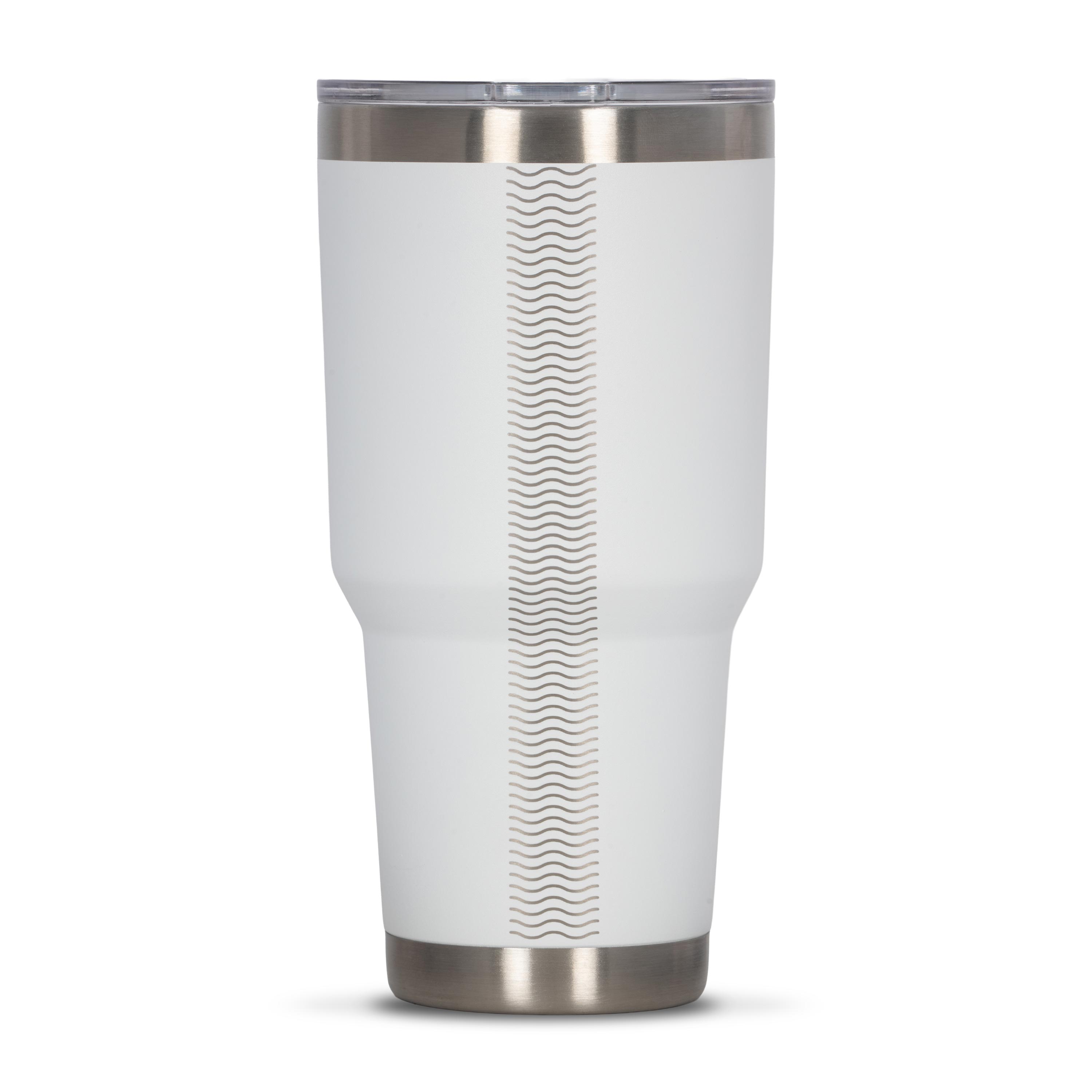 Rear view of white 890ml stainless steel drink tumbler with clear lid and silver etched wave pattern on side.