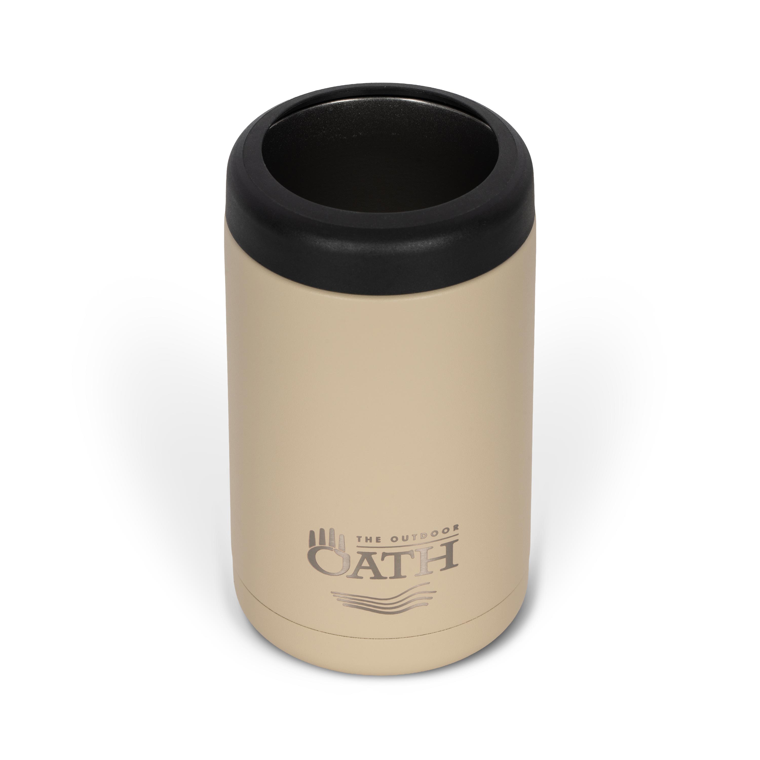 Front view from above of empty tan 375ml stainless steel can cooler. Silver etched outdoor oath logo and sand dune icon on side.