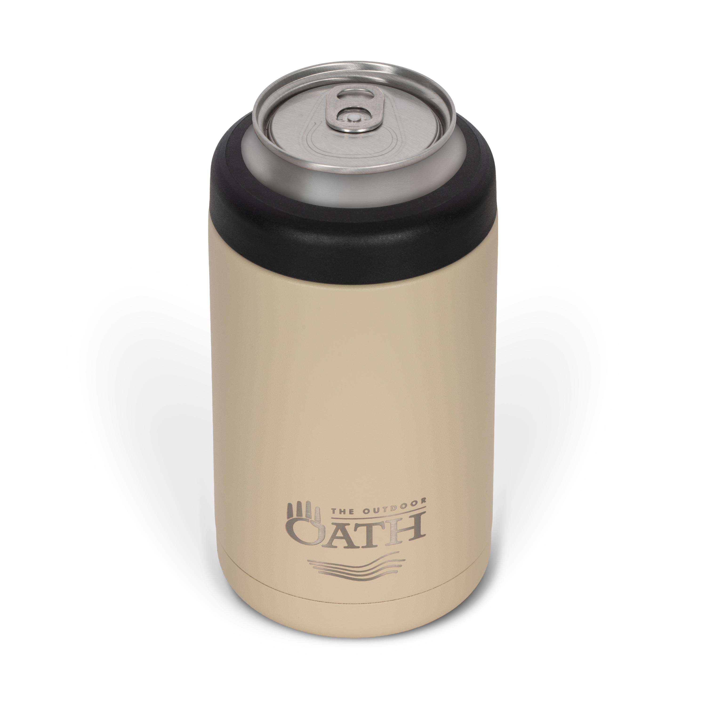 Front view from above of tan 375ml stainless steel can cooler with drink can inside. Silver etched outdoor oath logo and sand dune icon on side.