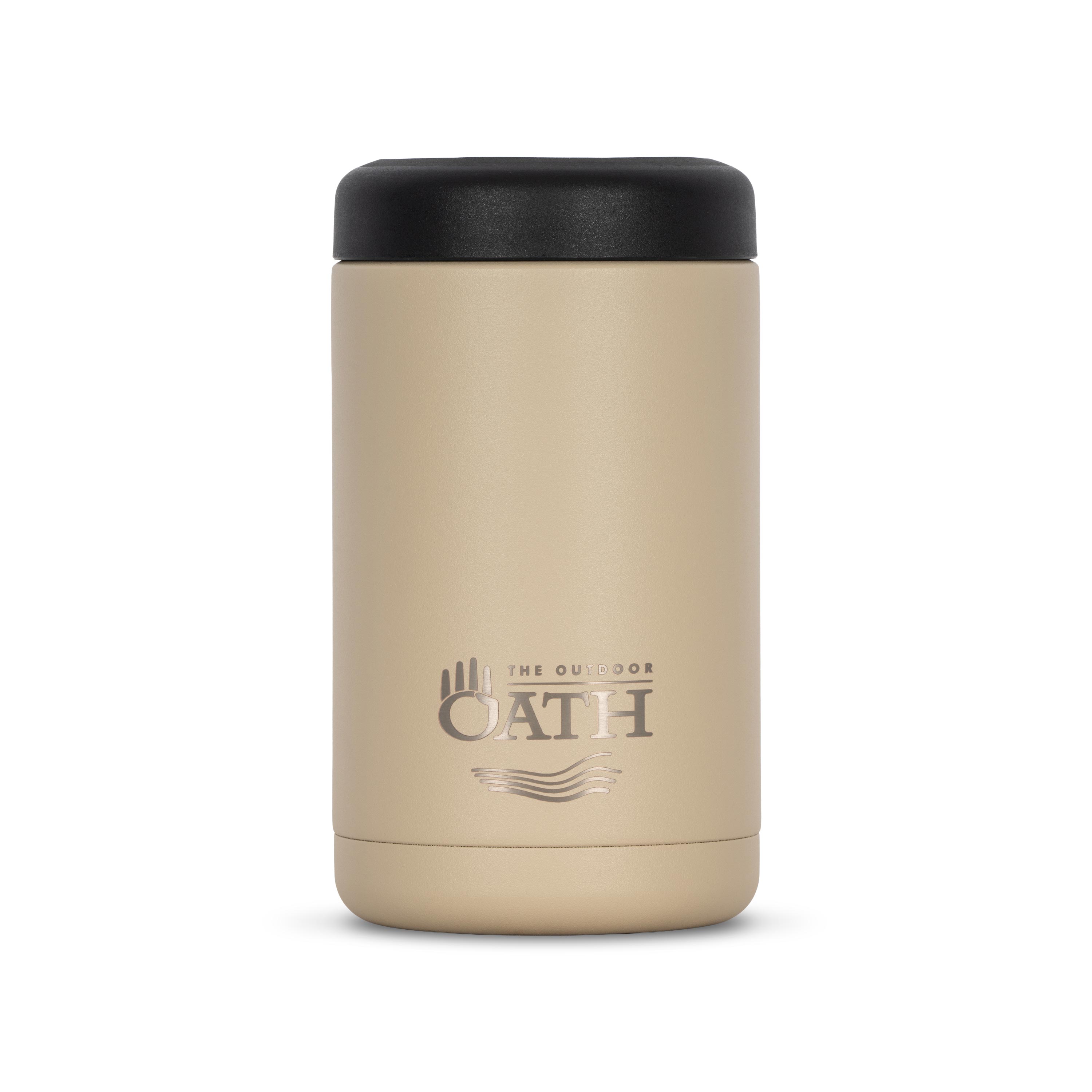 Front view of tan 375ml stainless steel can cooler. Silver etched outdoor oath logo and sand dune icon on side.