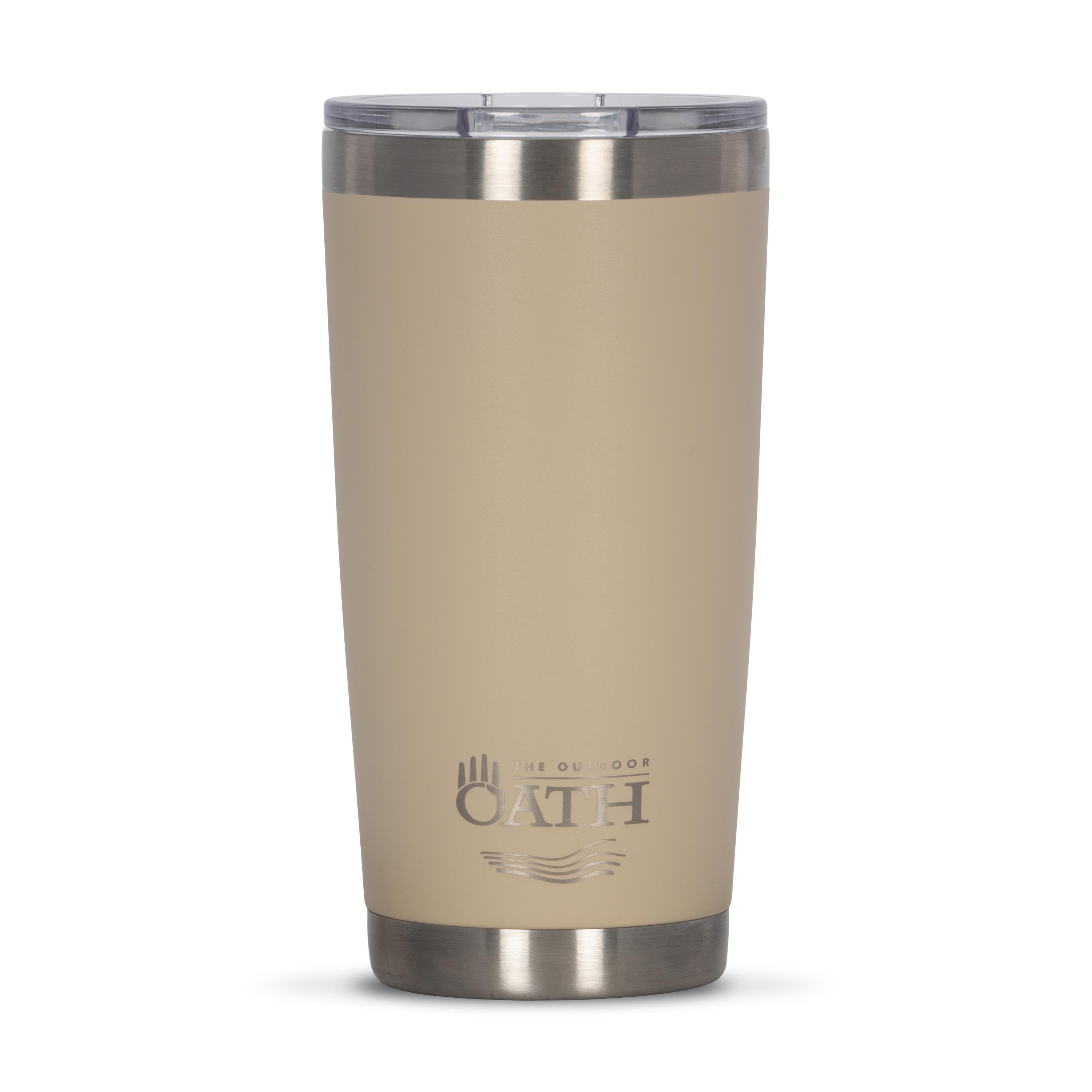 Front view of tan 590ml stainless steel drink tumbler with clear lid and silver etched outdoor oath logo and sand dune icon on side.
