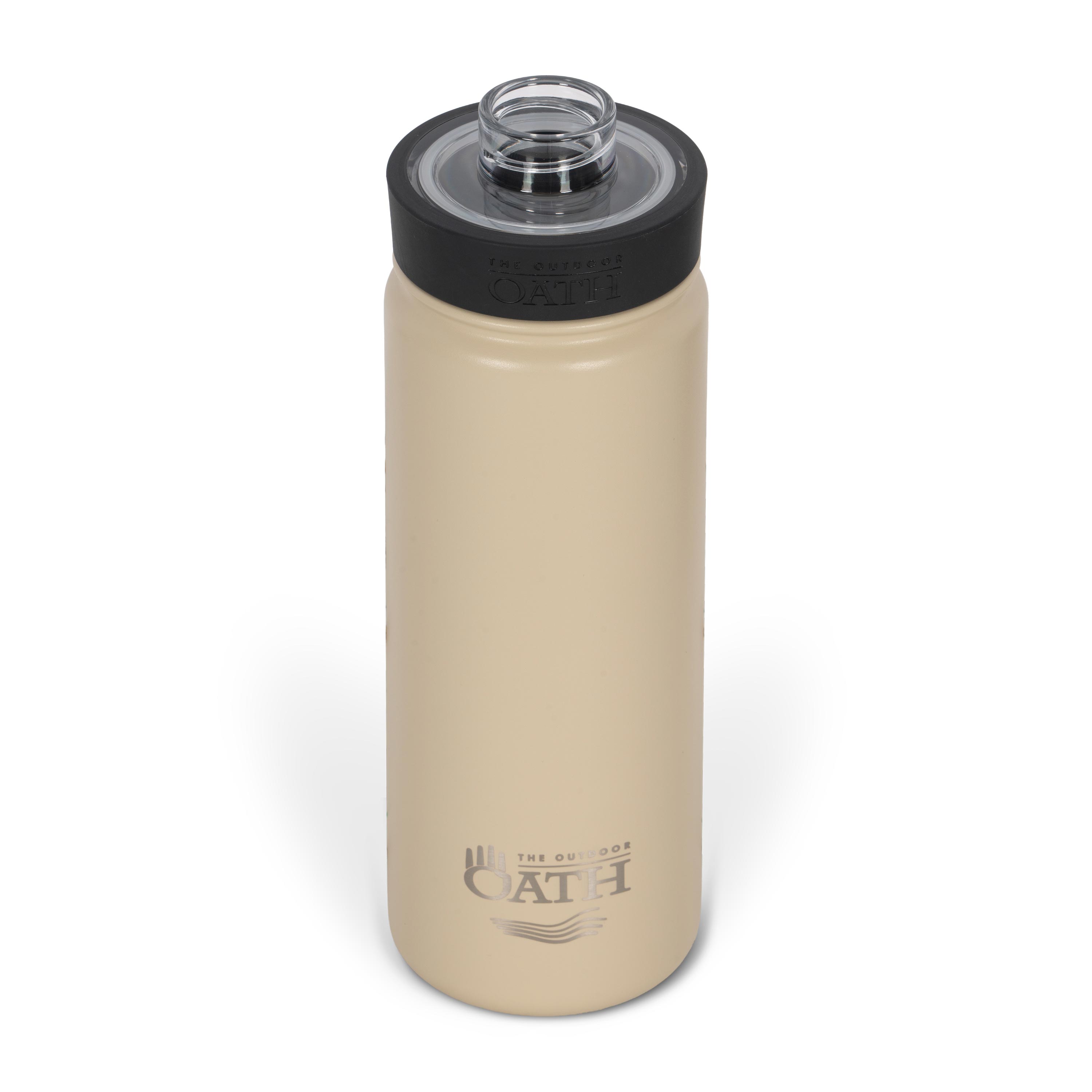 Front view from above of tan 530ml stainless steel drink bottle with open clear lid and silver etched outdoor oath logo and sand dune icon on side.