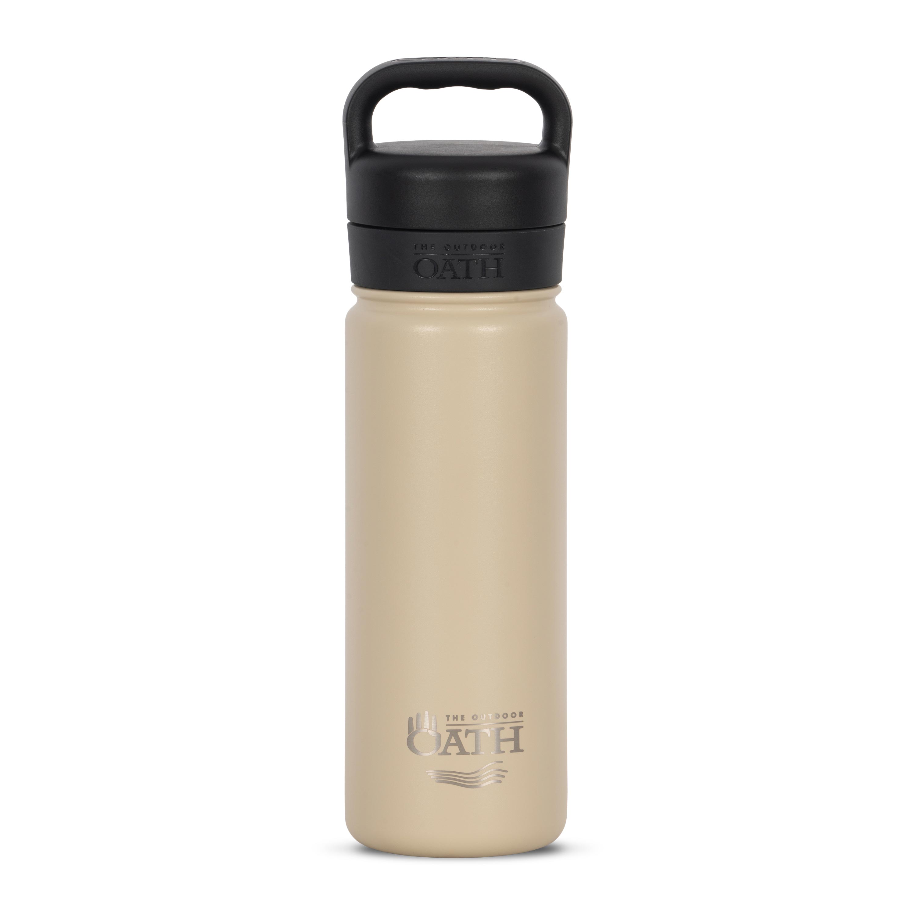 Front view of tan 530ml stainless steel drink bottle with closed lid and handle. Silver etched outdoor oath logo and sand dune icon on side.