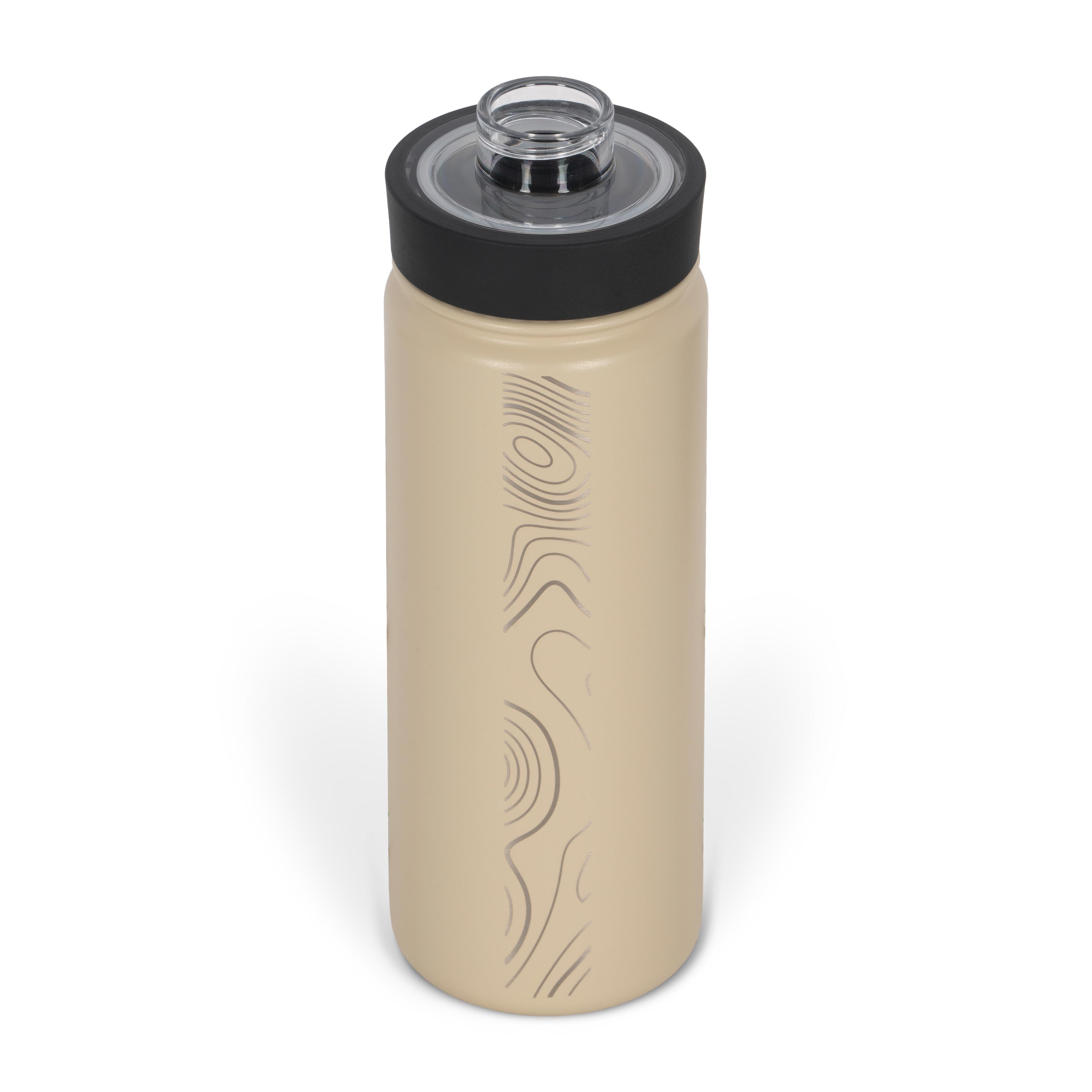 Rear view from above of tan 530ml stainless steel drink bottle with open clear lid and silver etched sand dune pattern on side.