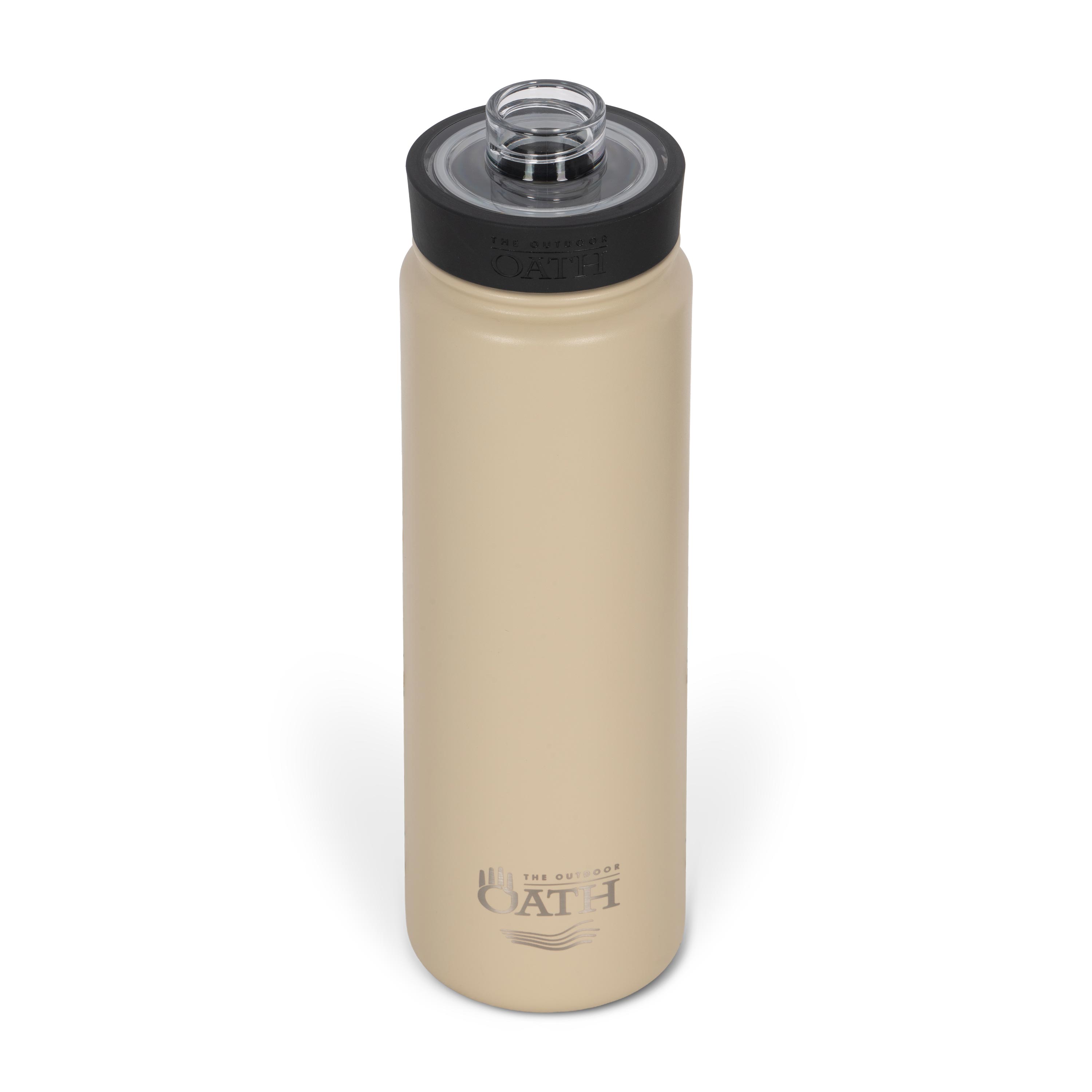 Front view from above of tan 700ml stainless steel drink bottle with open clear lid and silver etched outdoor oath logo and sand dune icon on side.