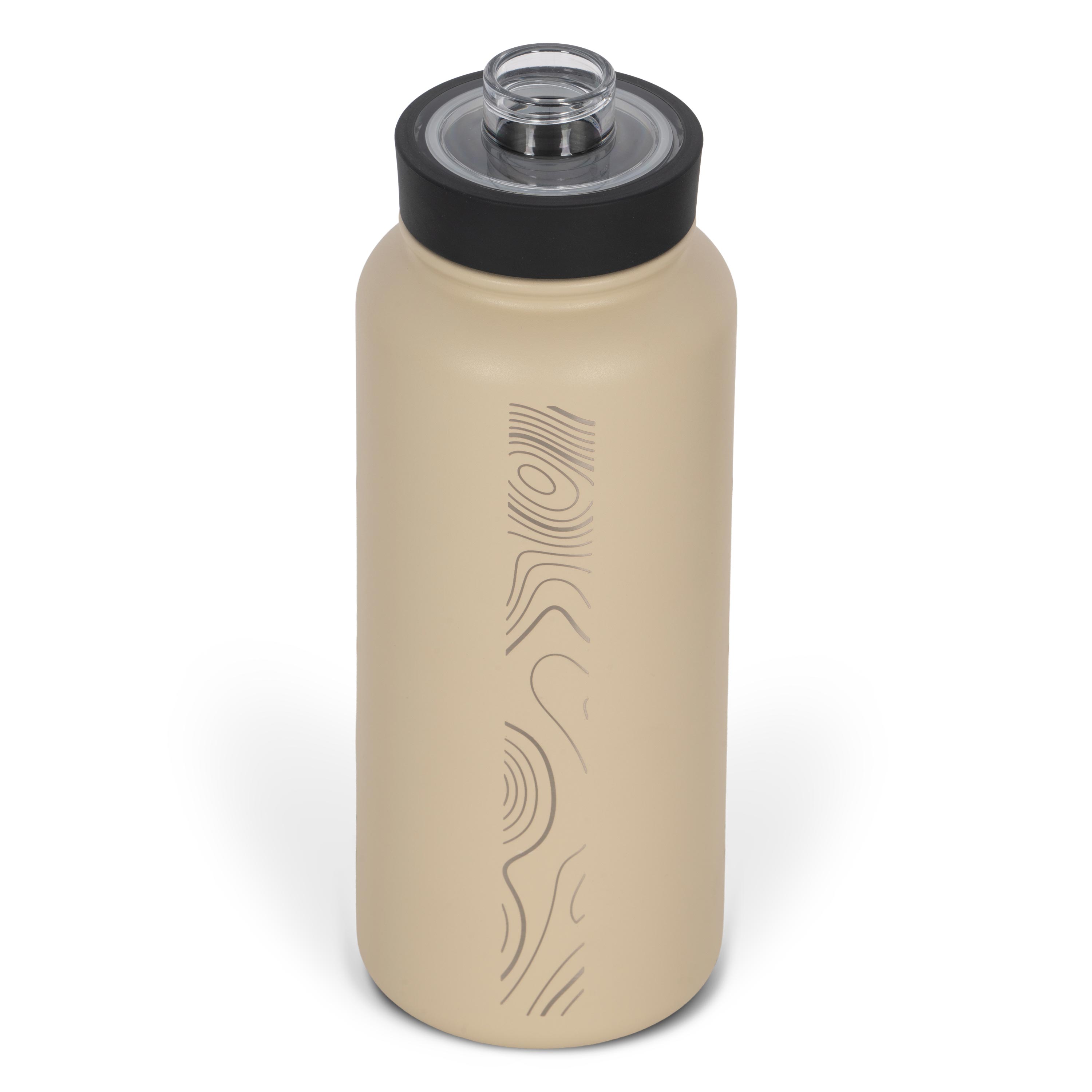Rear view from above of tan 960ml stainless steel drink bottle with open clear lid and silver etched sand dune pattern on side.