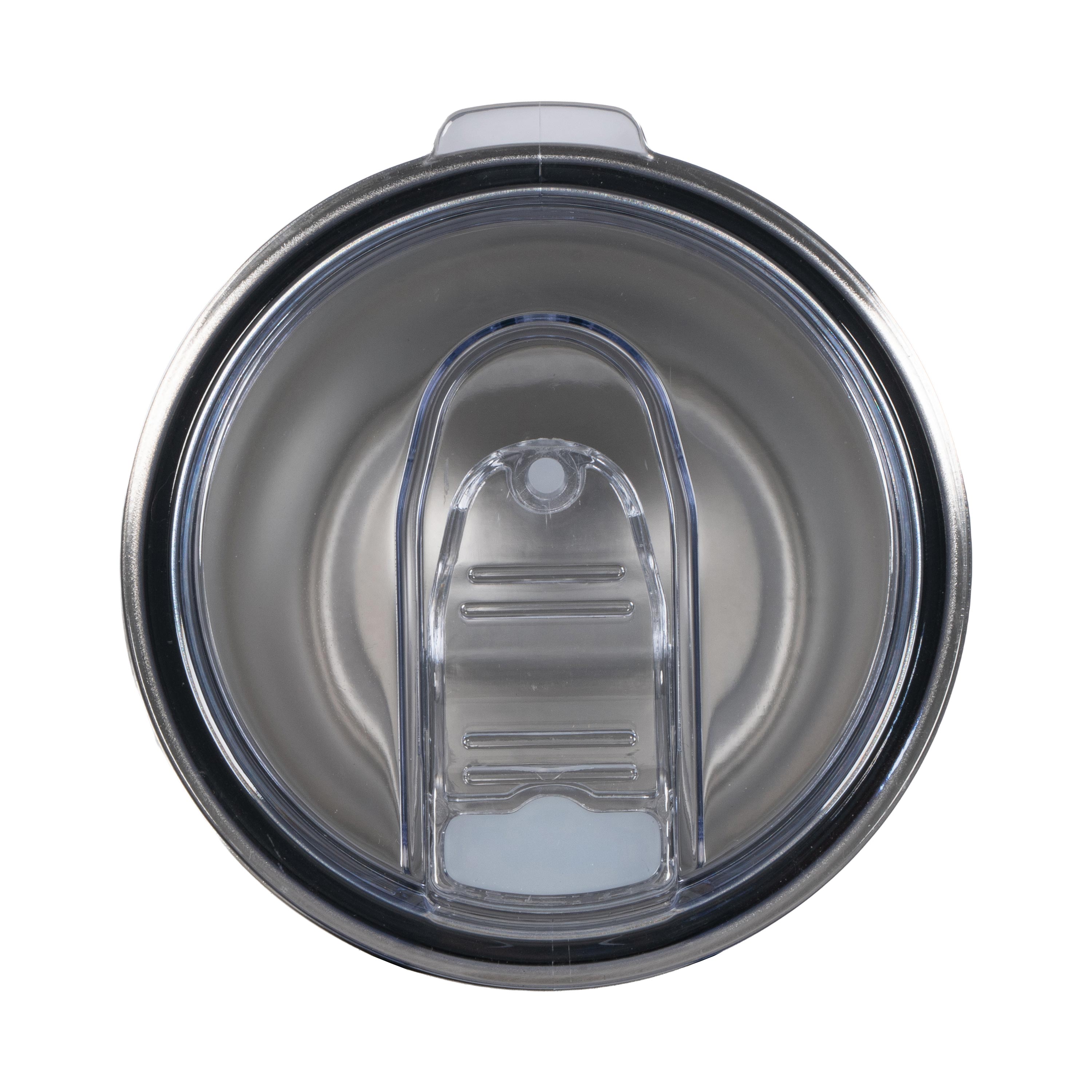 Top close up view of 590ml stainless steel drink tumbler with closed clear lid.