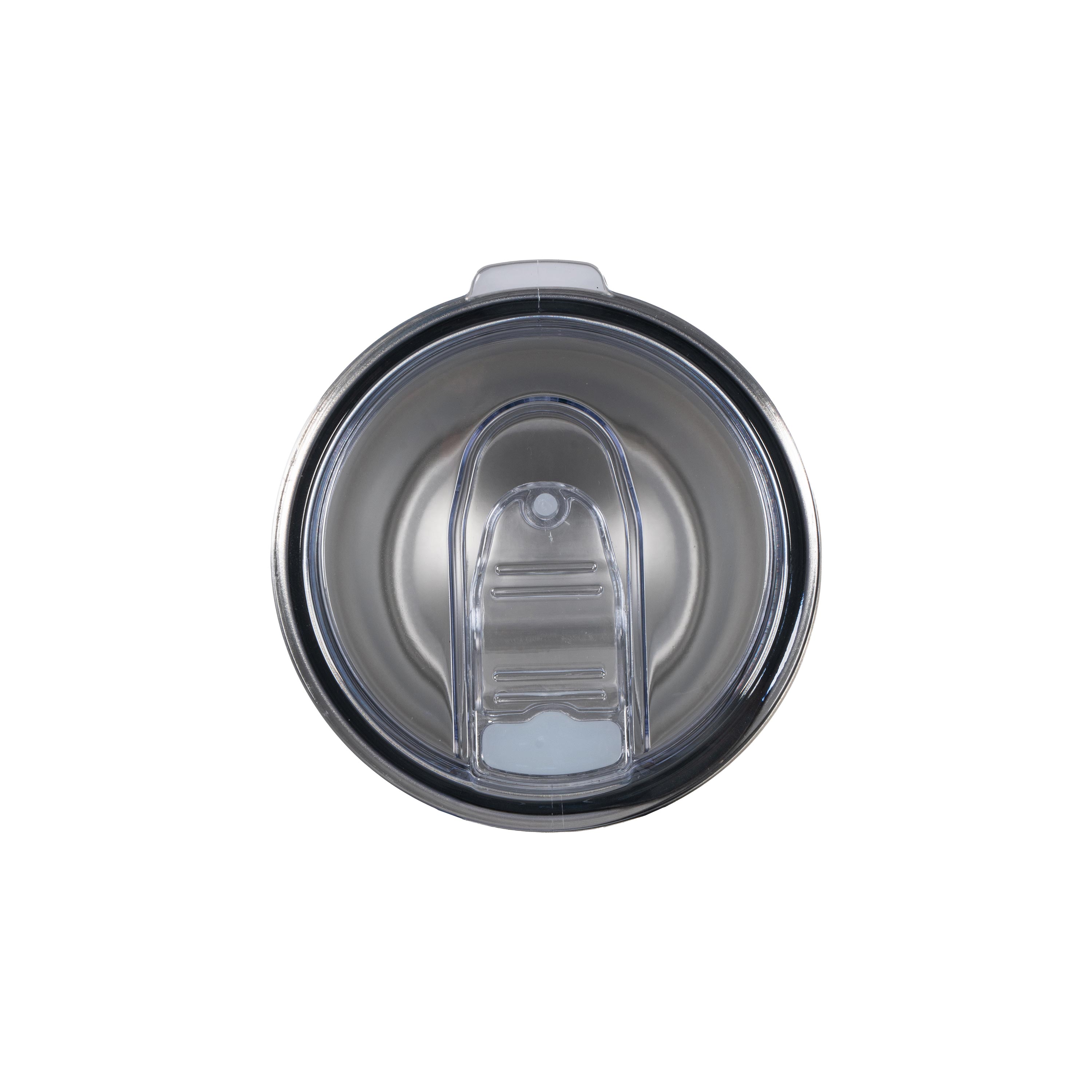 Top close up view of 890ml stainless steel drink tumbler with closed clear lid.