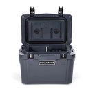 Front view of open small 19 litre dark grey cooler box with 2 easy lock latches on lid and bottle openers on each corner. Food divider / chopping board and wire food basket inside.