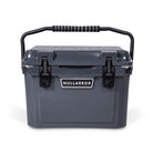 Front view of closed small 19 litre dark grey cooler box with carry handle, 2 easy lock latches on front and bottle openers on each corner. Grey foam mat on lid with fish catch ruler.
