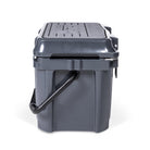 Left side view of closed small 19 litre dark grey cooler box with carry handle. Grey foam mat on lid with fish catch ruler.