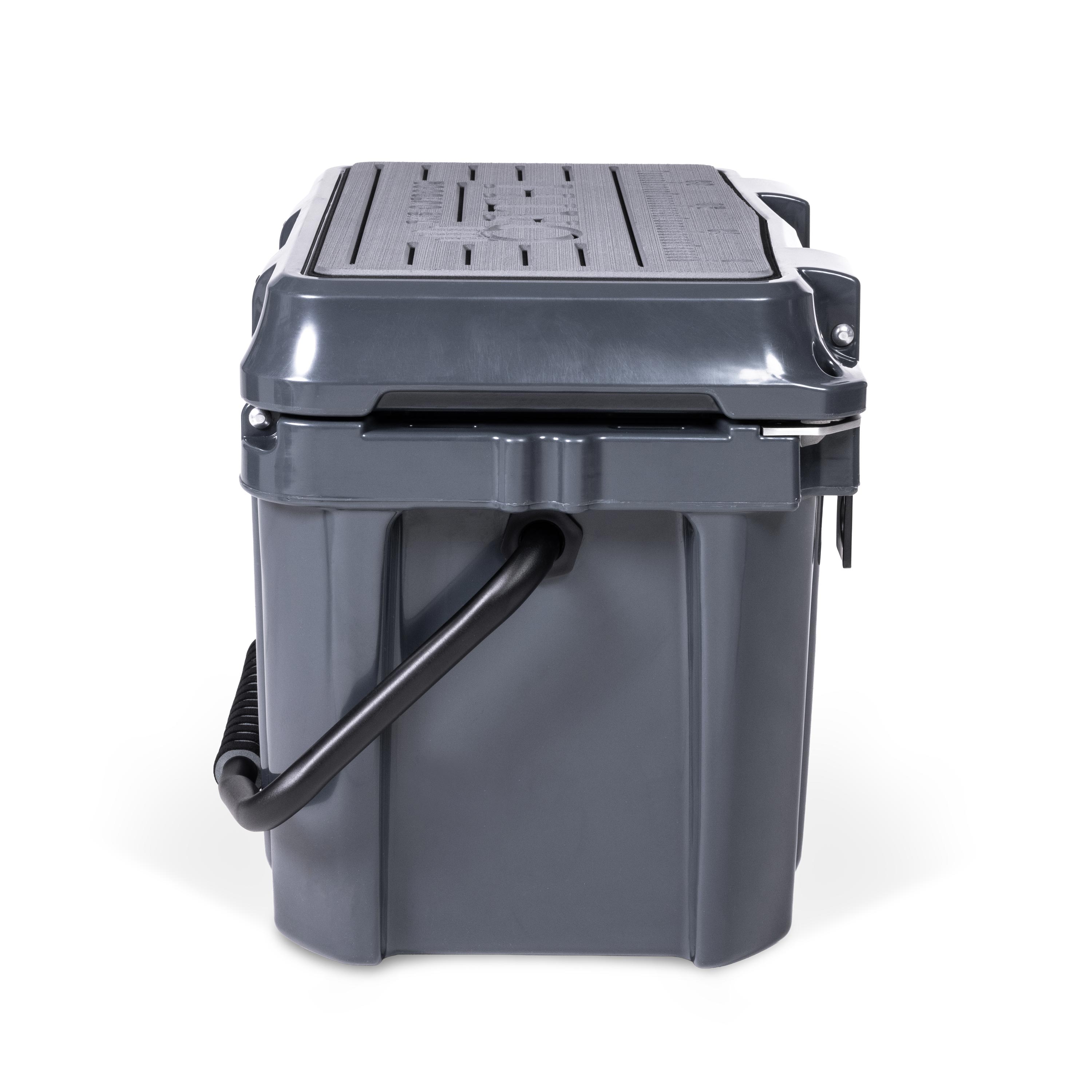 Left side view of closed small 19 litre dark grey cooler box with carry handle. Grey foam mat on lid with fish catch ruler.