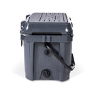 Right side view of closed small 19 litre dark grey cooler box with carry handle, pressure release valve and leak proof easy flow drainage plug. Grey foam mat on lid with fish catch ruler.