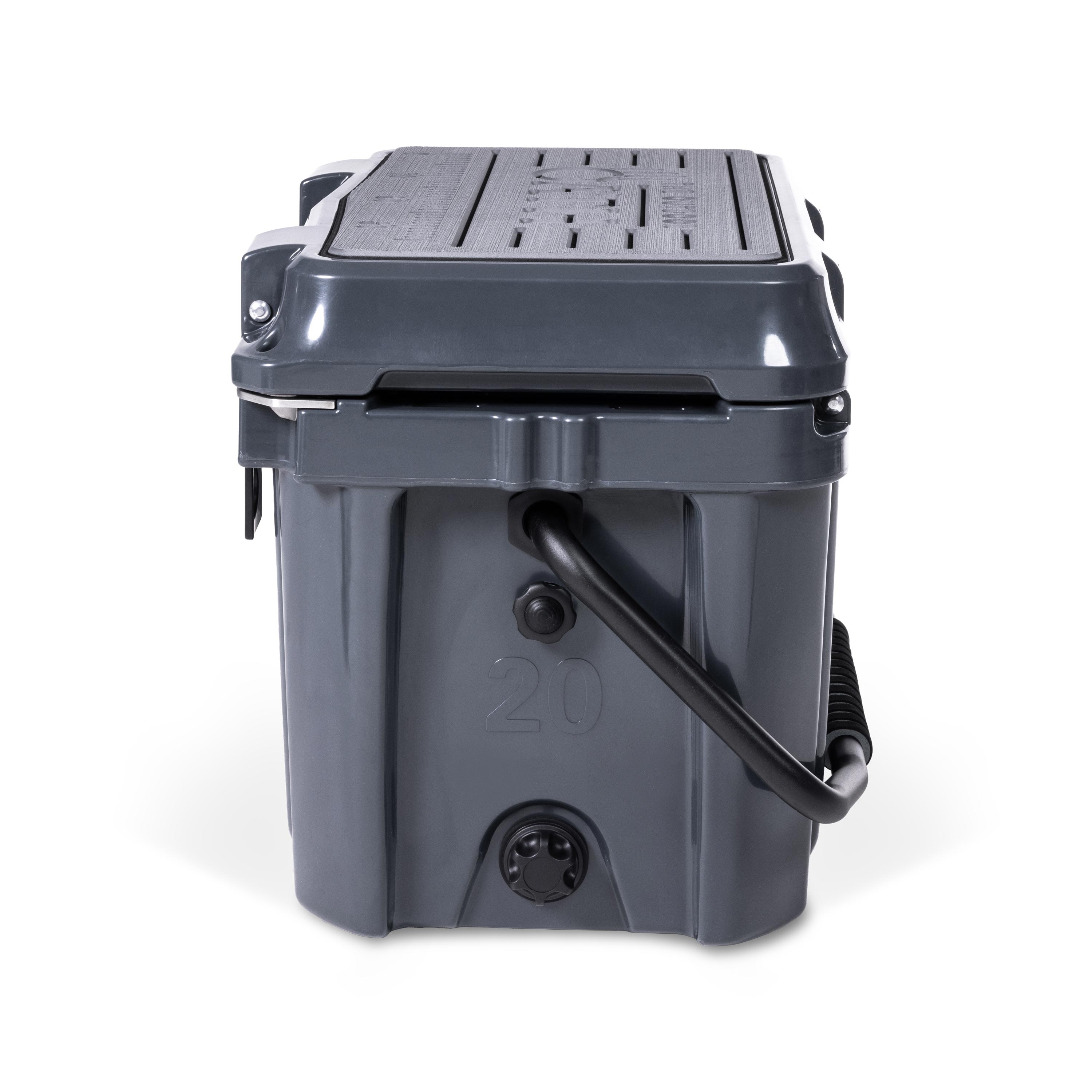 Right side view of closed small 19 litre dark grey cooler box with carry handle, pressure release valve and leak proof easy flow drainage plug. Grey foam mat on lid with fish catch ruler.