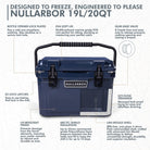 Blue hard cooler labeled “Nullarbor 19L/20QT” with handle and multiple feature callouts around the product.