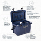 Durable ice cooler with labeled features including EZ lock latches, drainage system, and reinforced base.