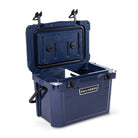 Left side 45 degree view of open small 19 litre blue cooler box with carry handle, 2 easy lock latches on lid and bottle openers on each corner. Food divider / chopping board and wire food basket inside.