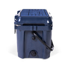 Right side view of closed small 19 litre blue cooler box with carry handle, pressure release valve and leak proof easy flow drainage plug. Blue foam mat on lid with fish catch ruler.