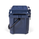 Left side view of closed small 19 litre blue cooler box with carry handle. Blue foam mat on lid with fish catch ruler.