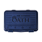 Top view of closed small 19 litre blue cooler box with blue foam mat and fish catch ruler