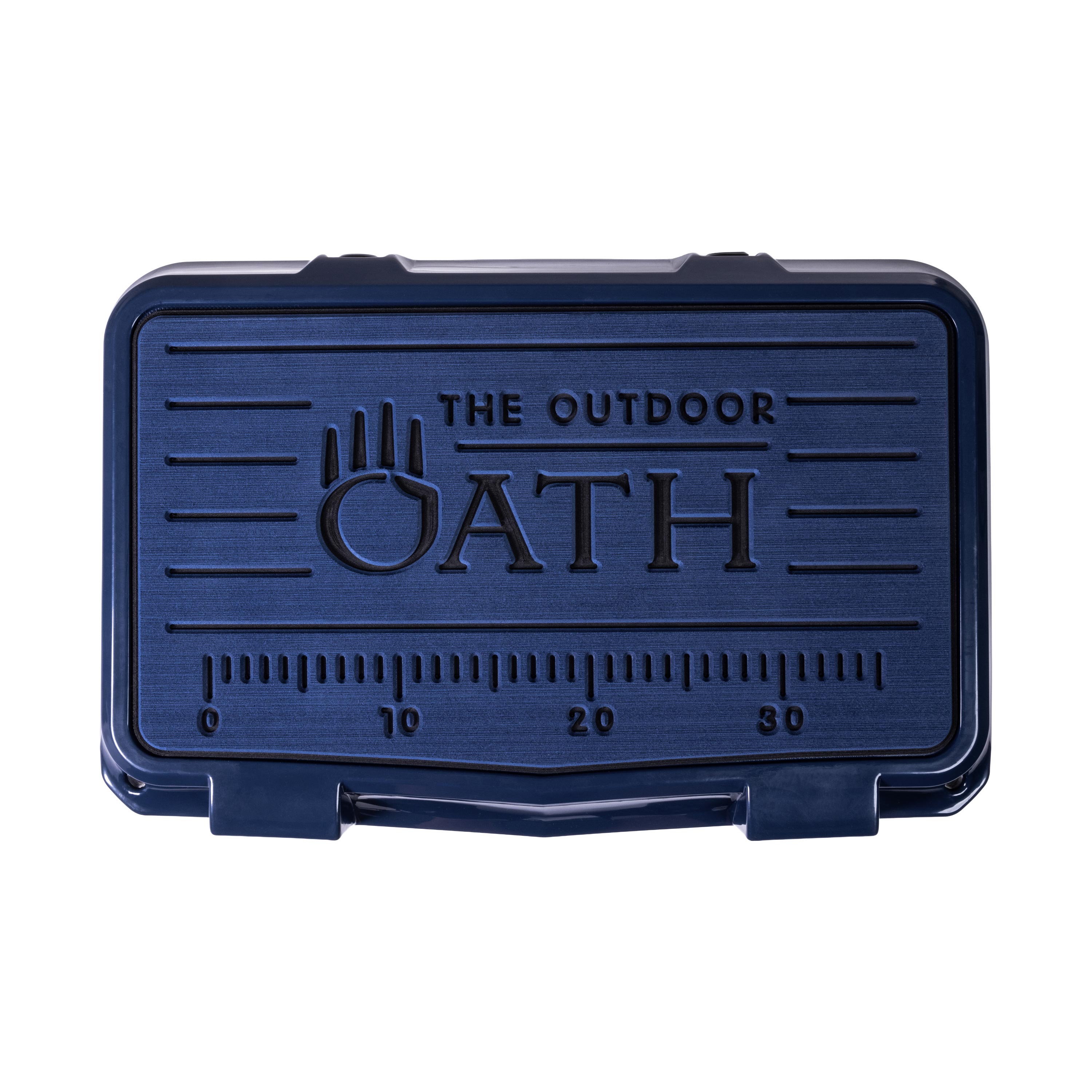 Top view of closed small 19 litre blue cooler box with blue foam mat and fish catch ruler