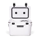 Front view of open small 19 litre white cooler box with 2 easy lock latches on lid and bottle openers on each corner. Food divider / chopping board and wire food basket inside.