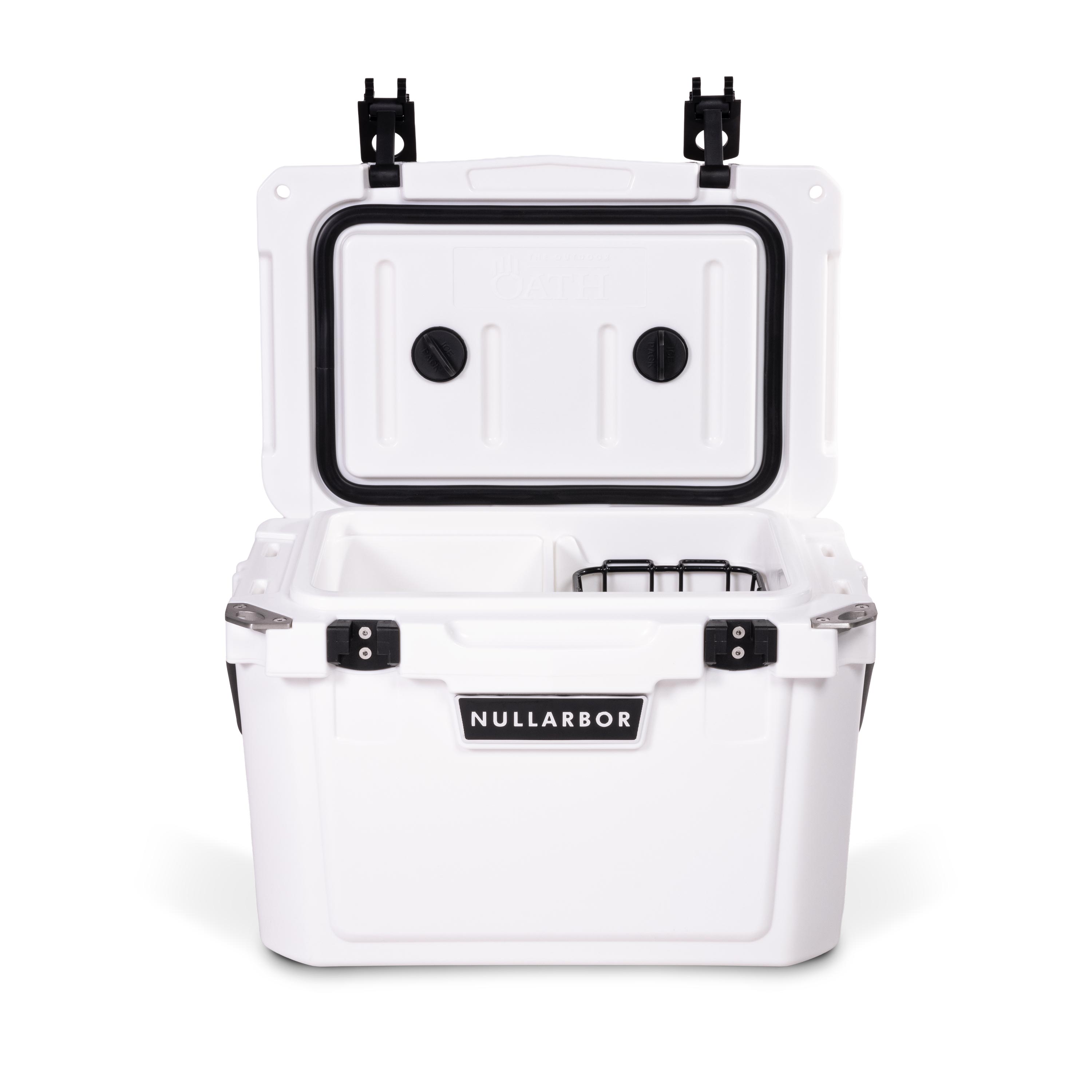 Front view of open small 19 litre white cooler box with 2 easy lock latches on lid and bottle openers on each corner. Food divider / chopping board and wire food basket inside.