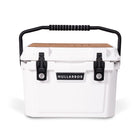 Front view of closed small 19 litre white cooler box with carry handle, 2 easy lock latches on front and bottle openers on each corner. Tan foam mat on lid with fish catch ruler.