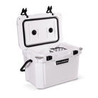 Left side 45 degree view of open small 19 litre white cooler box with carry handle, 2 easy lock latches on lid and bottle openers on each corner. Food divider / chopping board and wire food basket inside.