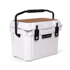 Left side 45 degree view of closed small 19 litre white cooler box with carry handle, 2 easy lock latches on front and bottle openers on each corner.  Tan foam mat on lid with fish catch ruler.
