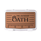 Top view of closed small 19 litre white cooler box with tan foam mat and fish catch ruler