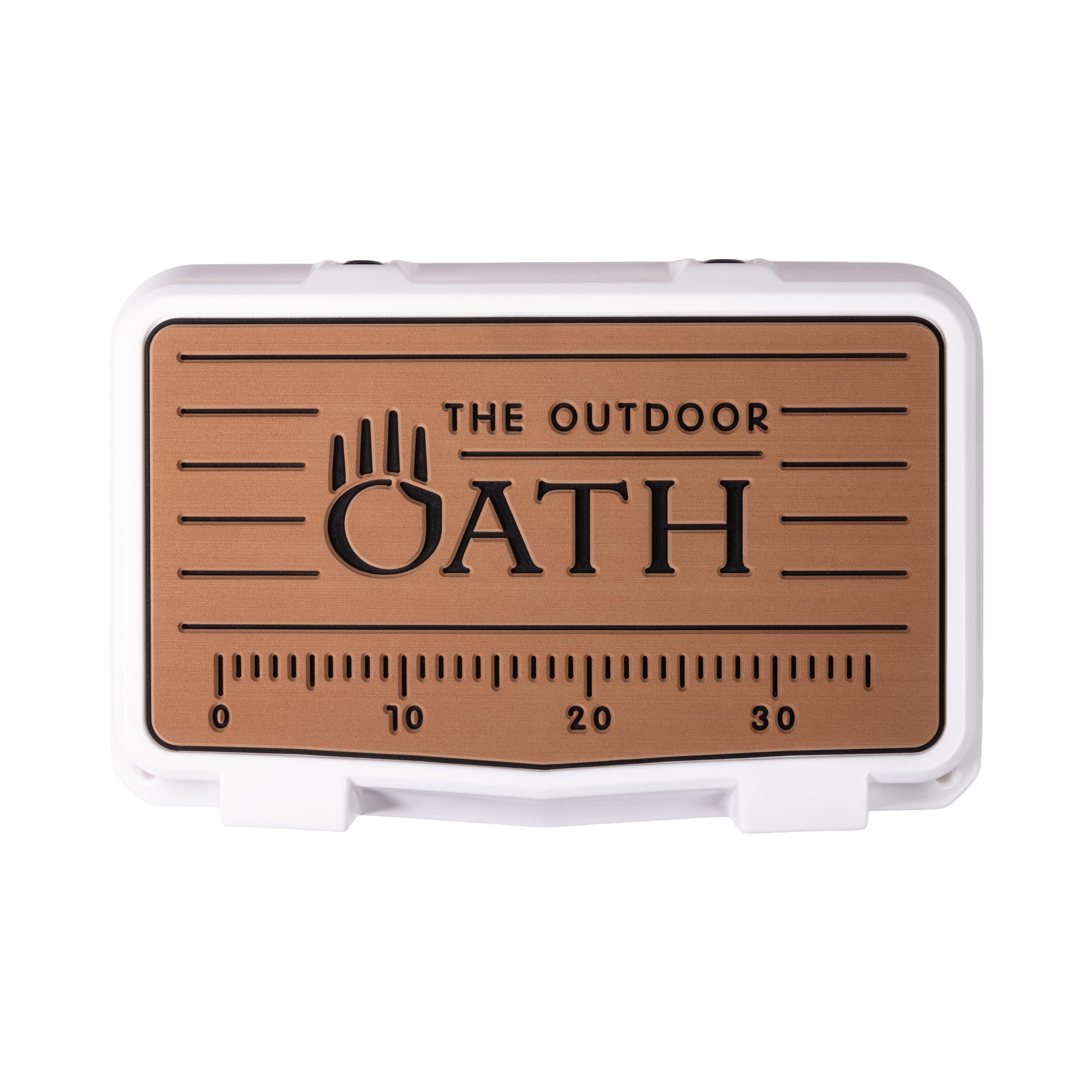 Top view of closed small 19 litre white cooler box with tan foam mat and fish catch ruler