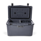Front view of open medium 43 litre dark grey cooler box with 2 easy lock latches on lid and bottle openers on each corner. Food divider / chopping board and wire food basket inside.