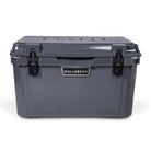 Front view of closed medium 43 litre dark grey cooler box with 2 easy lock latches on front and bottle openers on each corner. Grey foam mat on lid with fish catch ruler.