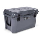 Left side 45 degree view of closed medium 43 litre dark grey cooler box with side handle, 2 easy lock latches on front and bottle openers on each corner.  Grey foam mat on lid with fish catch ruler.