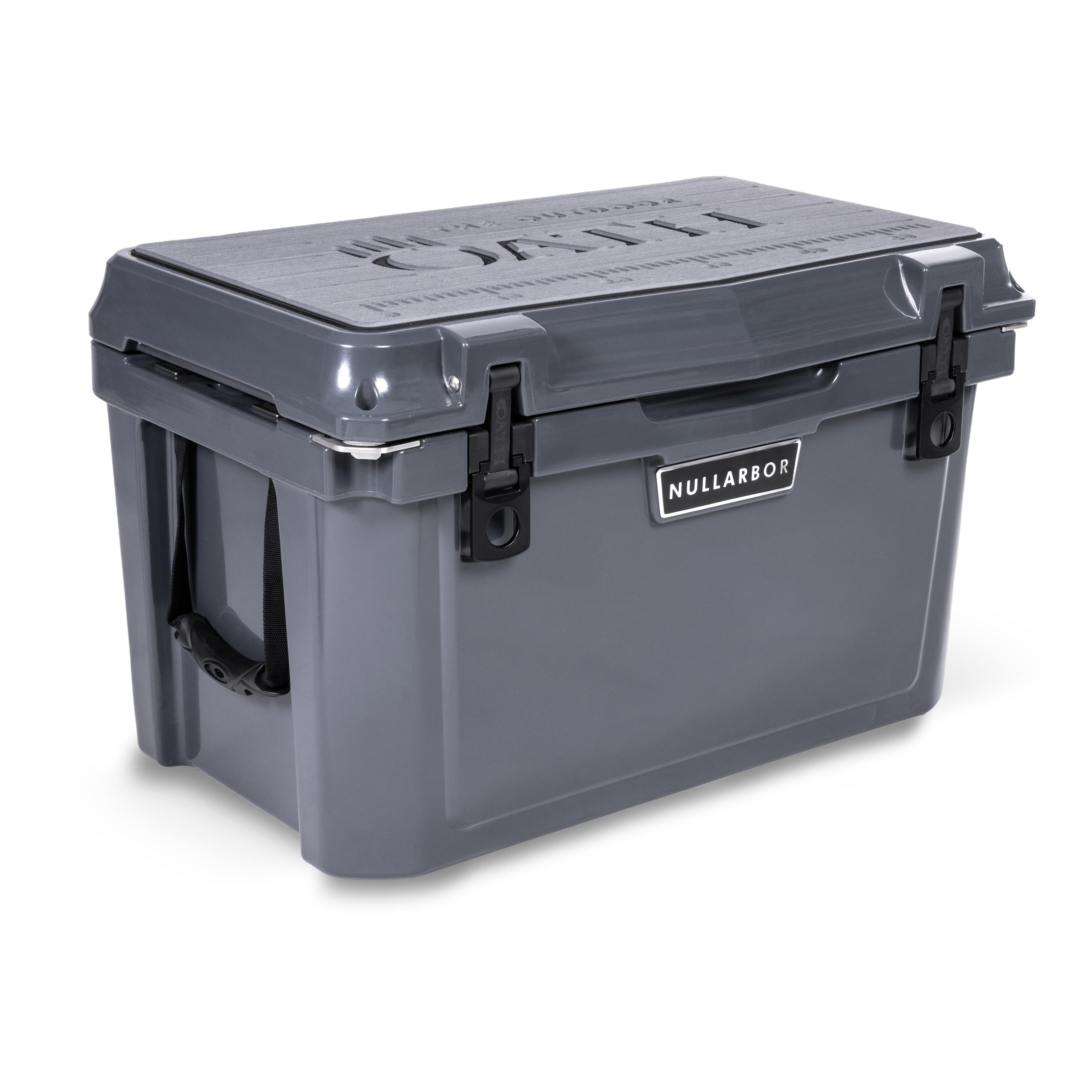 Left side 45 degree view of closed medium 43 litre dark grey cooler box with side handle, 2 easy lock latches on front and bottle openers on each corner.  Grey foam mat on lid with fish catch ruler.