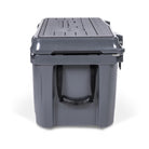Left side view of closed medium 43 litre dark grey cooler box with side handle. Grey foam mat on lid with fish catch ruler.