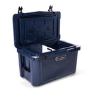 Left side 45 degree view of open medium 43 litre blue cooler box with side handle, 2 easy lock latches on lid and bottle openers on each corner. Food divider / chopping board and wire food basket inside.