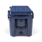 Right side view of closed medium 43 litre blue cooler box with side handle, pressure release valve and leak proof easy flow drainage plug. Blue foam mat on lid with fish catch ruler.