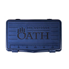 Top view of closed medium 43 litre blue cooler box with blue foam mat and fish catch ruler