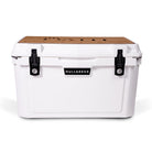 Front view of closed medium 43 litre white cooler box with 2 easy lock latches on front and bottle openers on each corner. Tan foam mat on lid with fish catch ruler.